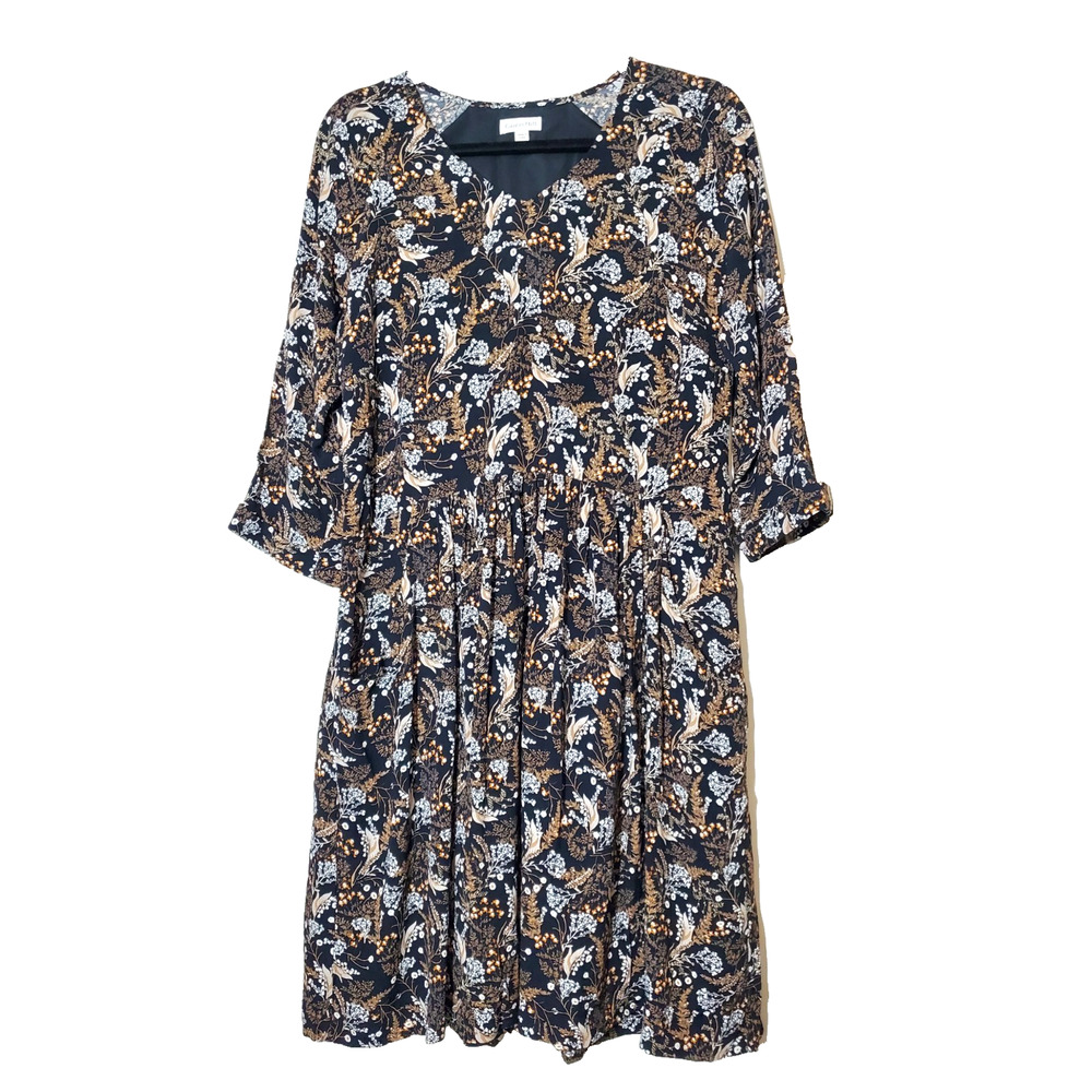 Garnet Hill Womens 6 Dress Drop Waist Black Floral Pocket Detail Long Sleeve
